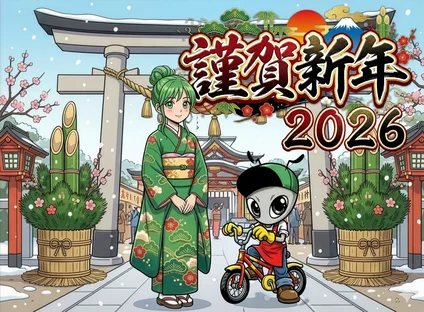 アント君と本町田みどりちゃんが神社の前で2026年新年の挨拶