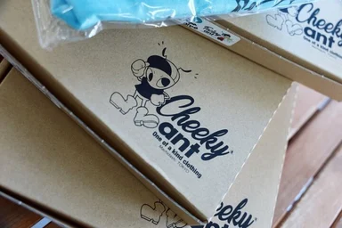 スクリーンプリントでCheeky antのロゴがプリントされたクラフトのダンボールパッケージ