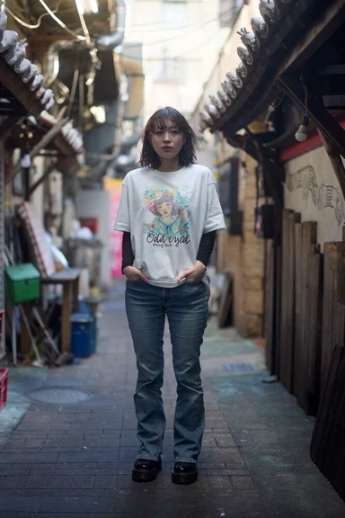 路地の真ん中に立つモデル。少女のイラストをプリントした白のTシャツ