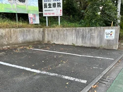白線で区切られた無料駐車場。壁にアント君の看板が貼ってある